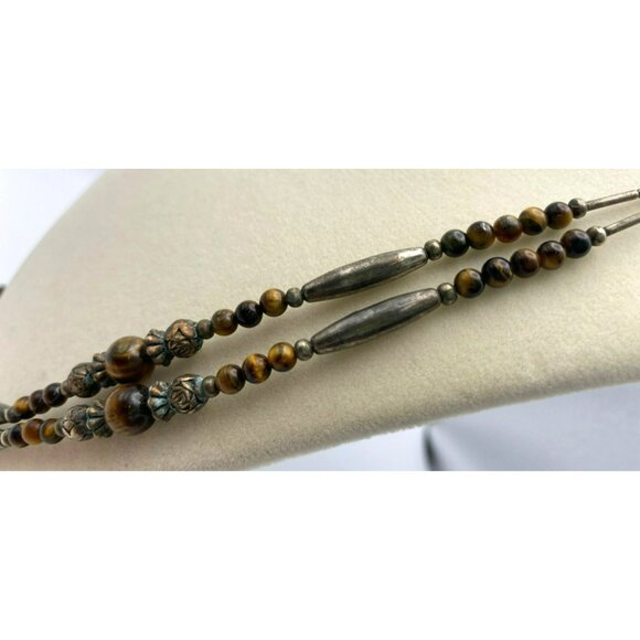 Vintage Tigers Eye & Silver Double Strand Beaded Hand Crafted Statement Necklace - Picture 6 of 9